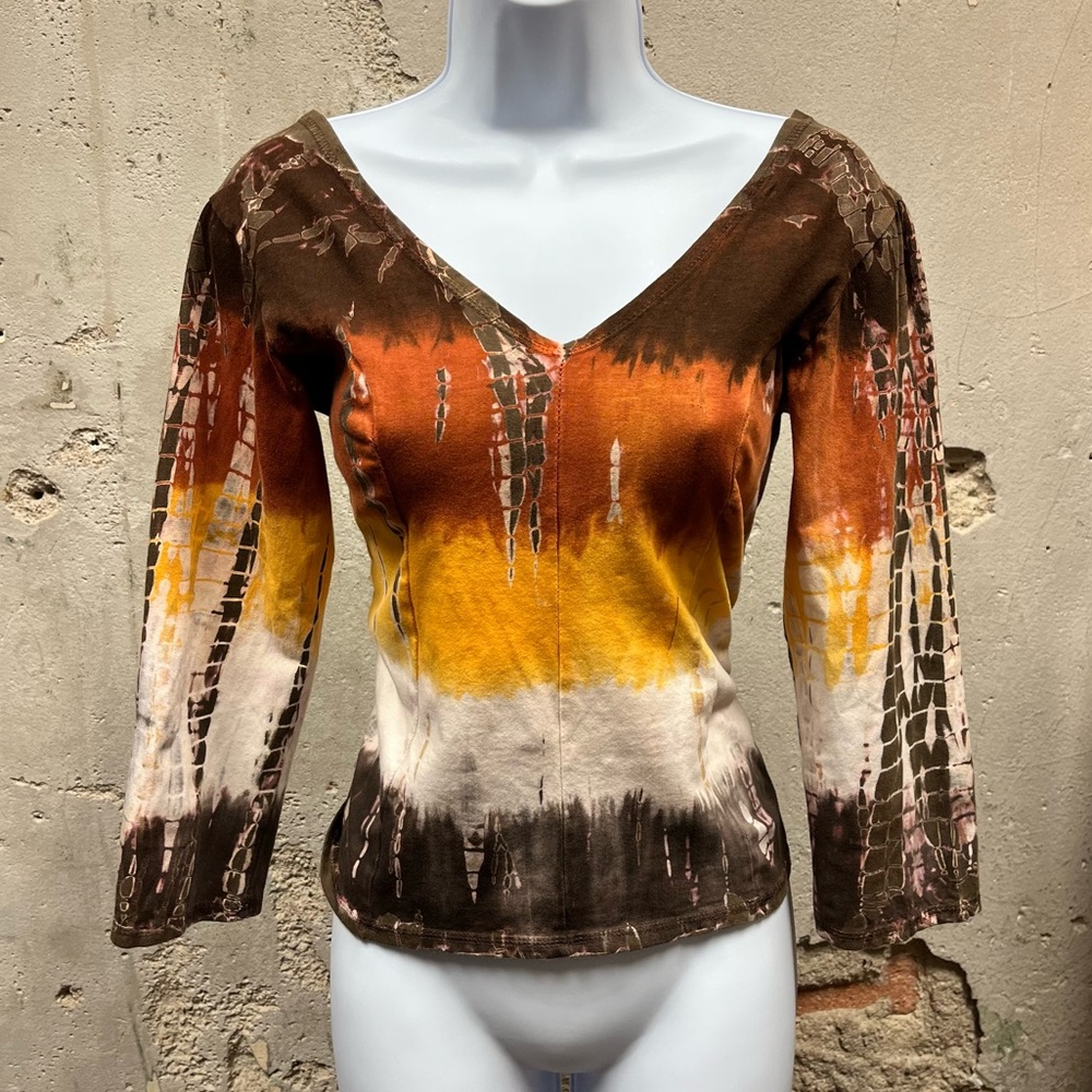 Baba Vintage Y2K Brown Striped Tie Dye V-Neck 3/4 Sleeve Blouse Fairycore India